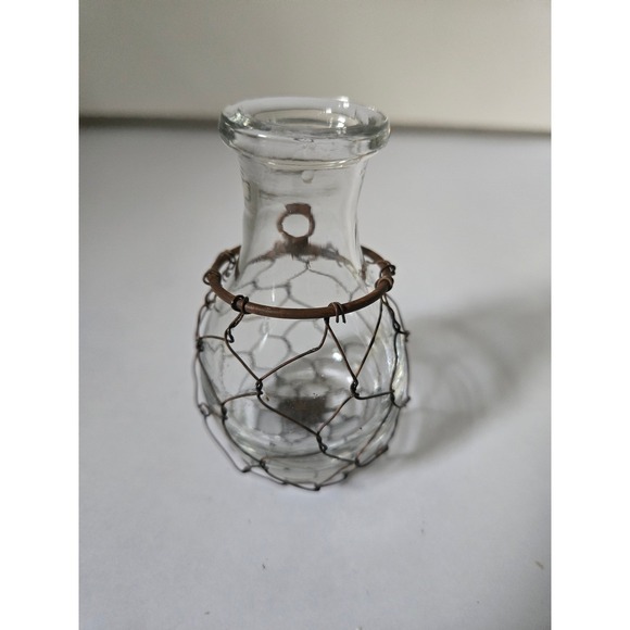 Mini Bud Vase Dainty Glass with Wire Mesh Accent / Hanging Loop Rustic Artistic - Picture 4 of 4